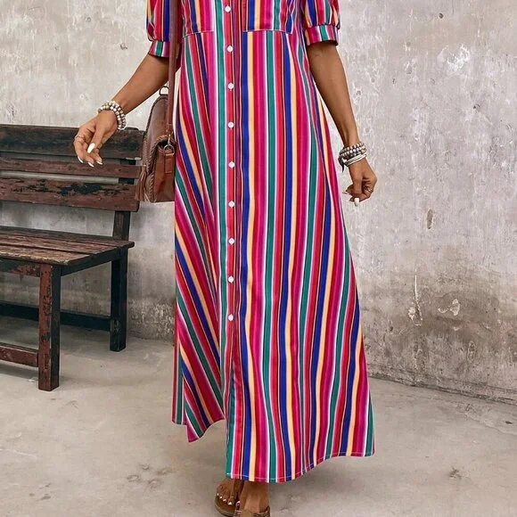 Multicolor Casual Women's Vacation Colorful Striped Front Buttoned Maxi Dress - Picture 4 of 7